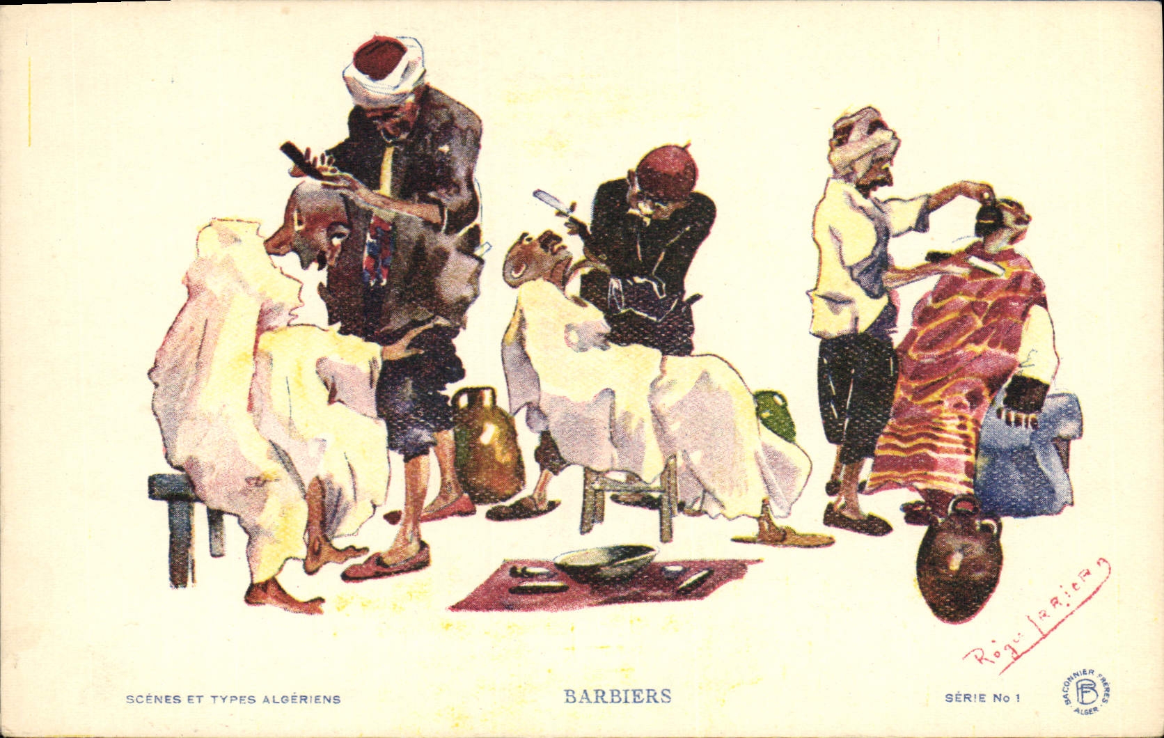 CPA Fantaisie Afrique du Nord Illustrateur Barbiers Coiffeur
