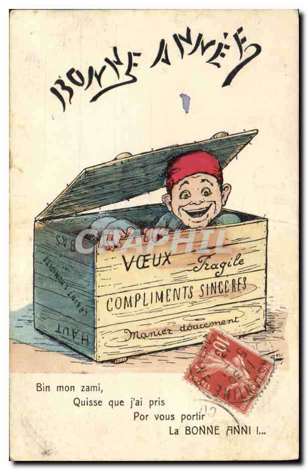 Bonnes Années — Carte postale humoristique avec personnage dans une caisse — éditeur non visible