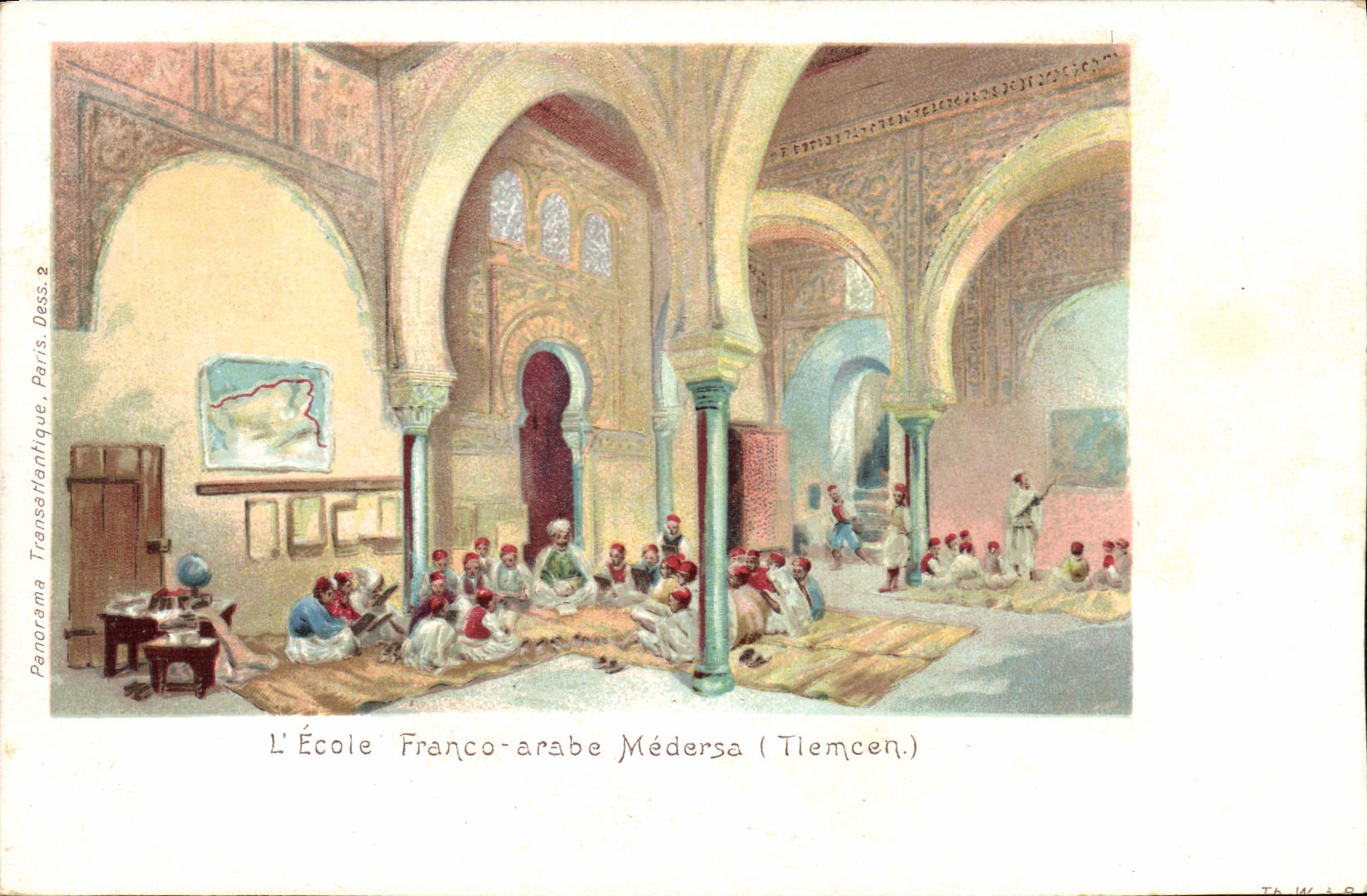 CPA Fantaisie Afrique du Nord Illustrateur L'ecole franco arabe Medersa Tlemcen