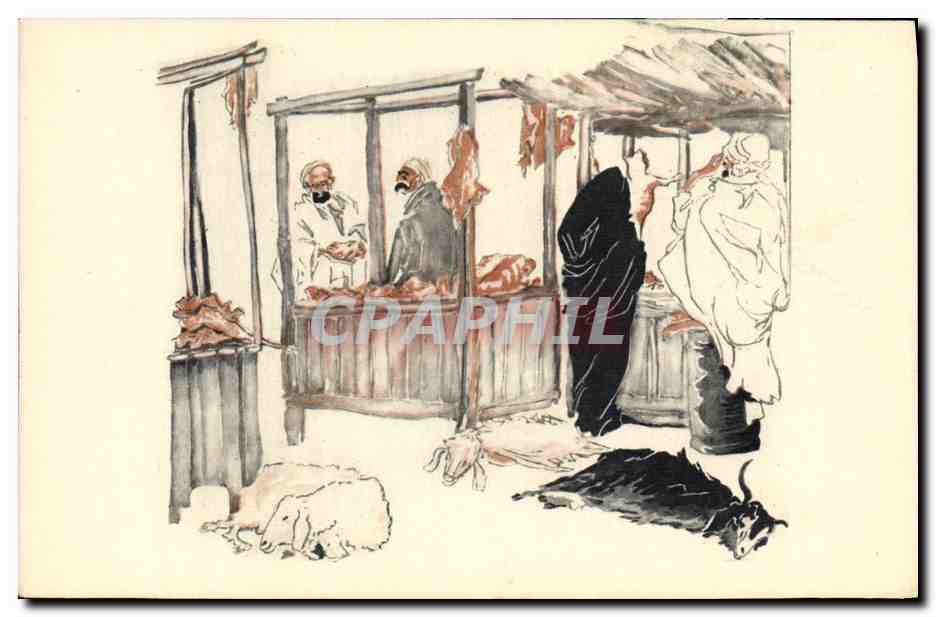 CPA Fantaisie Afrique du Nord Illustrateur Algerie Boucherie a Touggamt