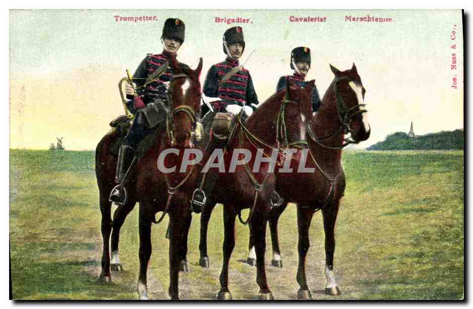Trois cavaliers en uniforme — Trompetteur, Brigadier, Cavalerist — Jon. Nume & Cie