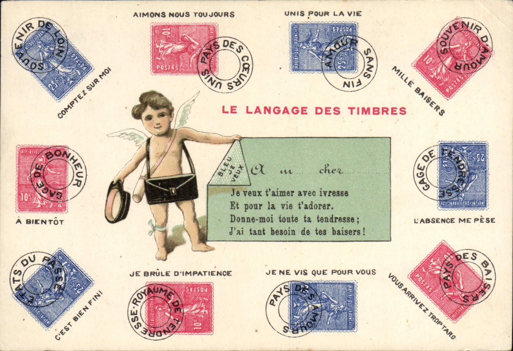 CPA Le langage des timbres Semeuse 10c 25c Ange 