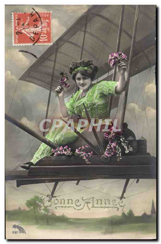 Jeune femme dans un aéroplane — carte de vœux — éditeur anonyme, n° 221