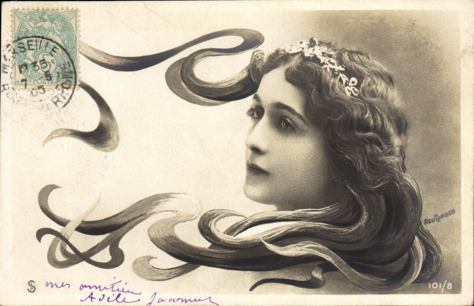 Jeune femme aux cheveux ondulés — Reutlinger, n° 101/8 — Marseille, 1905