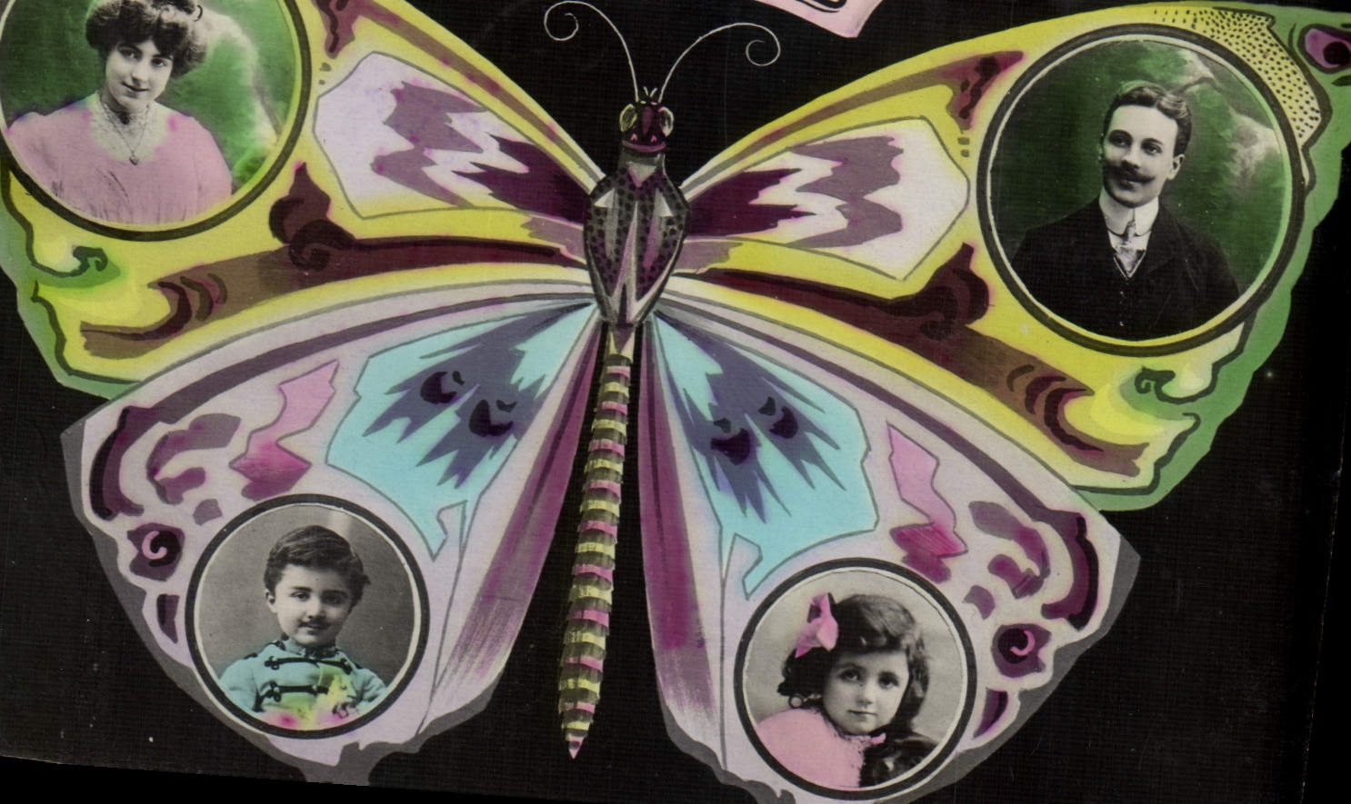 Famille — portraits sur un papillon coloré — éditeur inconnu