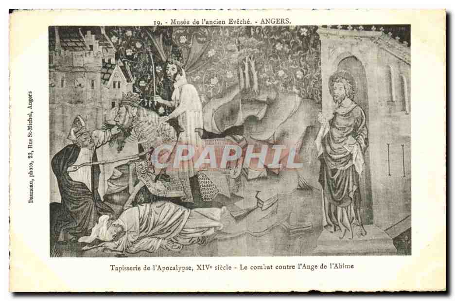 Combat contre l'Ange de l'Abîme — Tapisserie de l'Apocalypse, XIVe siècle — Musée de l'Ancien Evêché, Angers