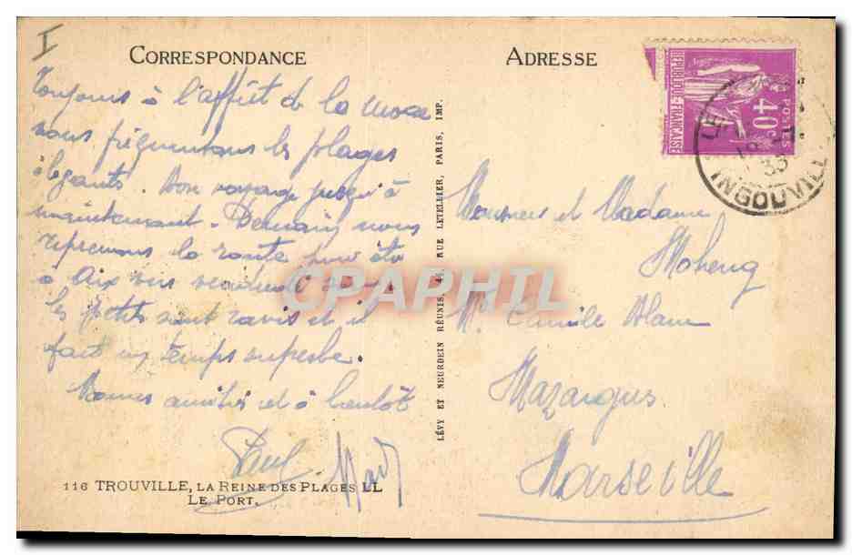 Trouville — Vue du port avec bateau à voile — Éditeur Lévy et Nouveaux Réunis, n°116 — Achterkant
