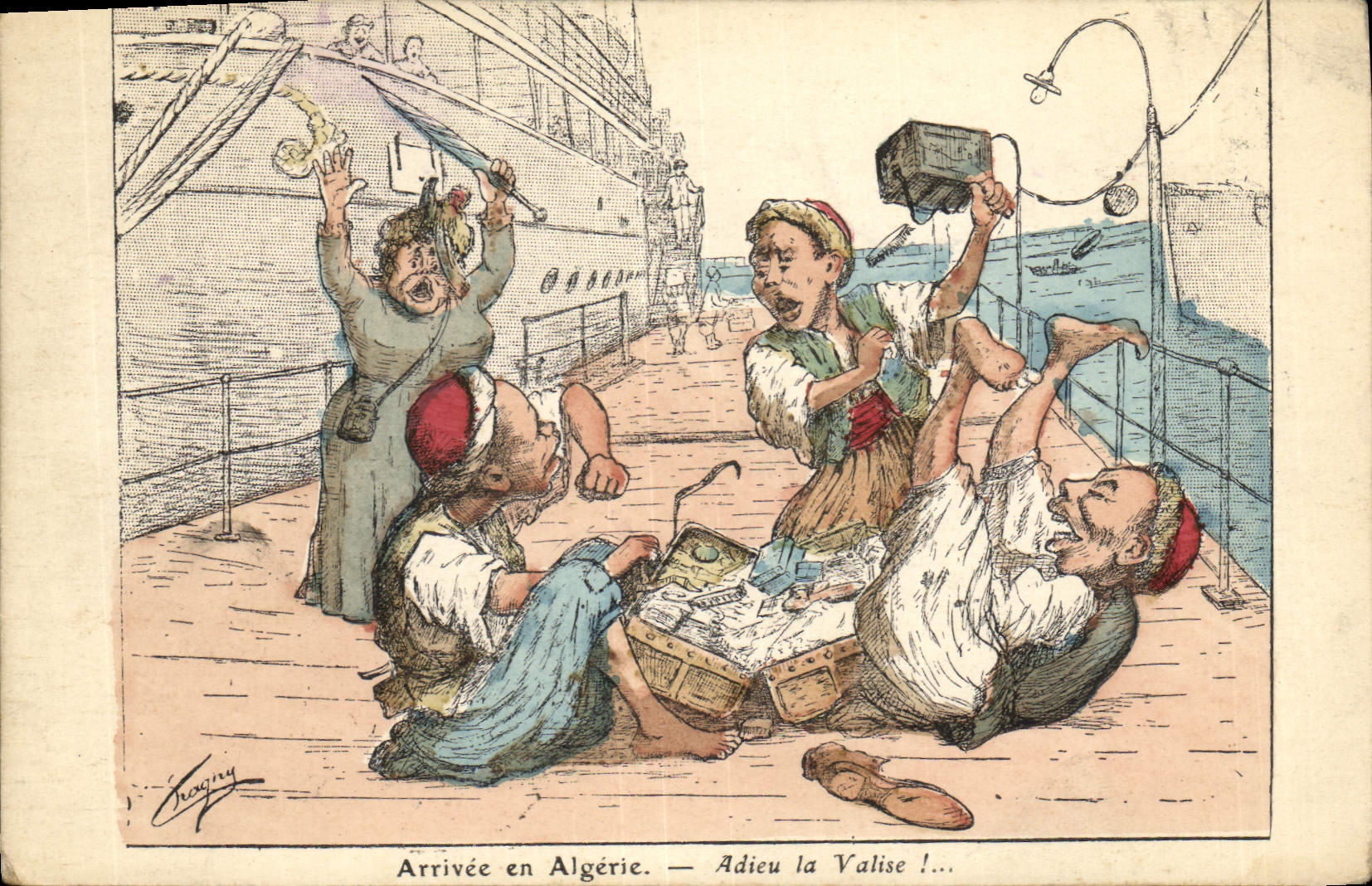 CPA Fantaisie Afrique du Nord Illustrateur Arrivee an Algerie Adieu la Valise