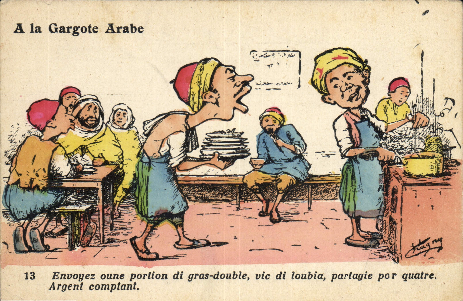 CPA Fantaisie Afrique du Nord Illustrateur a la gargote Arabe 