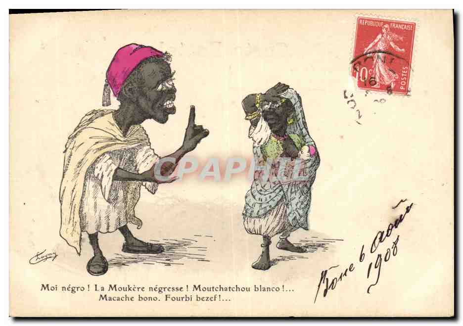 Caricature de nègres et d'un moutchatchou blanc — dessin de L. Chappy — éditeur non visible