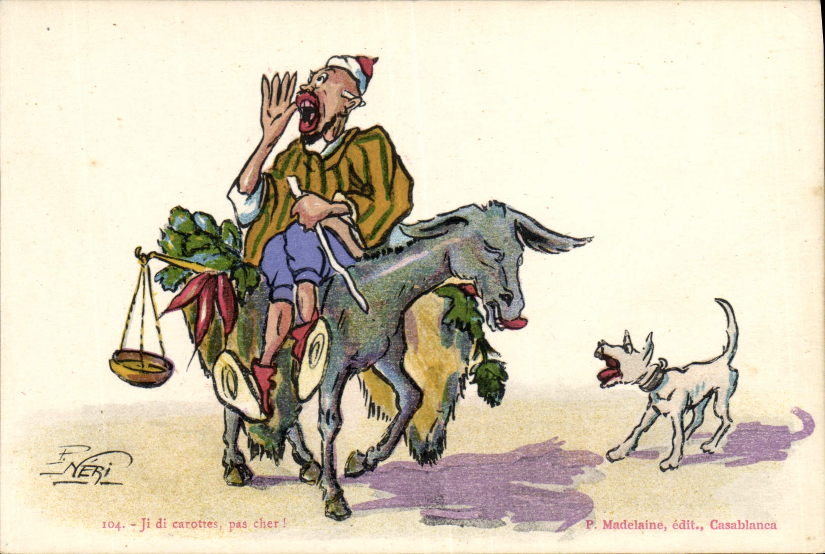 Marchand de carottes sur âne — caricature — F. NERI, n°104, édit. P. Madelaine, Casablanca