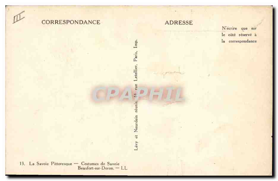 CPA Folklore Costumes de Savoie Beaufort sur Doron Ane Mule  — Verso