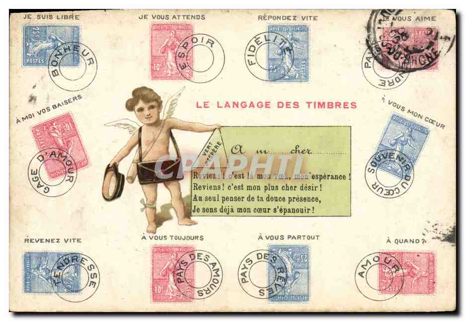 CPA Le langage des timbres Semeuse 10c 25c Ange