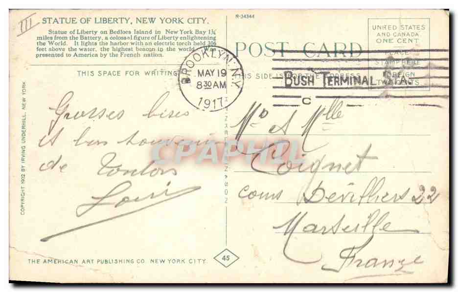 CPA Statue de la Liberte Statue of Liberty New York City Avion — Rückseite