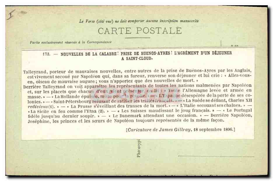 CPA Histoire Napoleon 1er Nouvelles de la calabre prise de Buenos Ayres Argentine Argentina — Rückseite