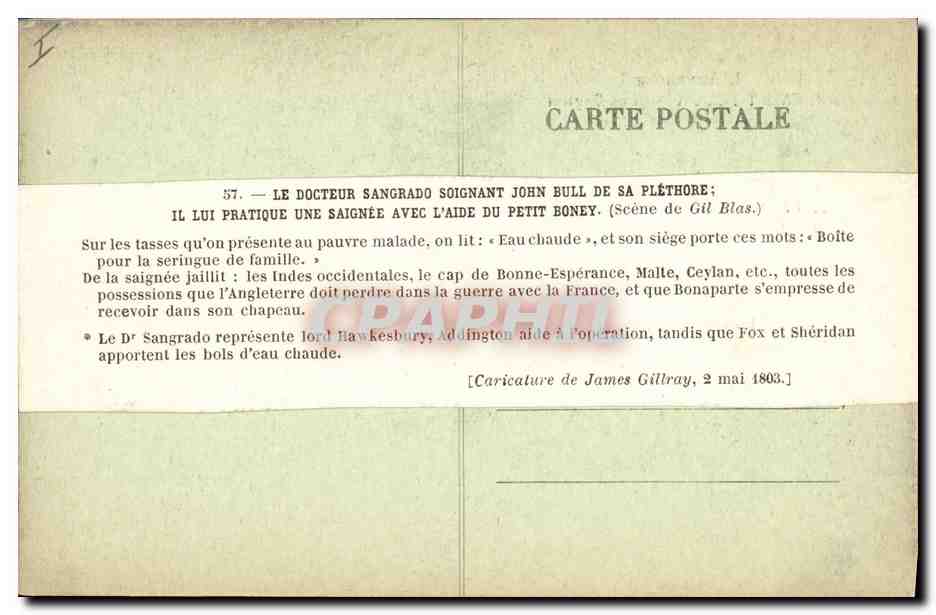 CPA Histoire Napoleon 1er Le docteur Sangrado soignant John Bull de sa plethore — Rückseite