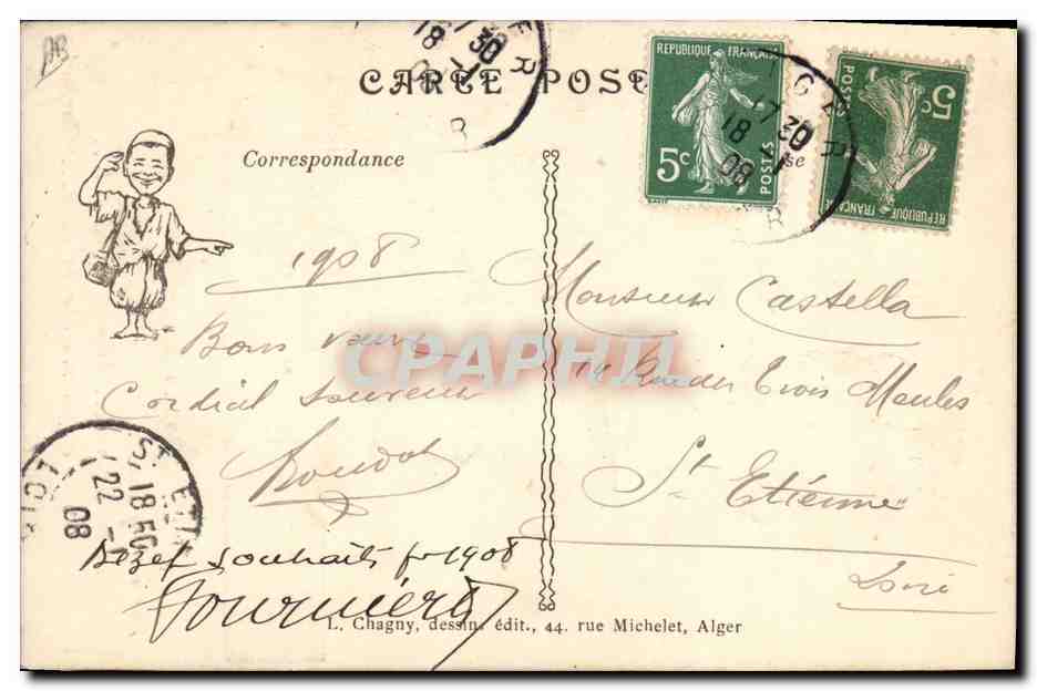Jeune garçon souriant — Bonne Année ! — L. Chagny, dessin, édit., 44 rue Michelet, Alger — Reverso