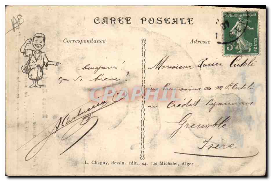 Lachendes Kind — algerische Karikatur — L. Chagny, Verlag, 44 rue Michelet, Alger — Rückseite