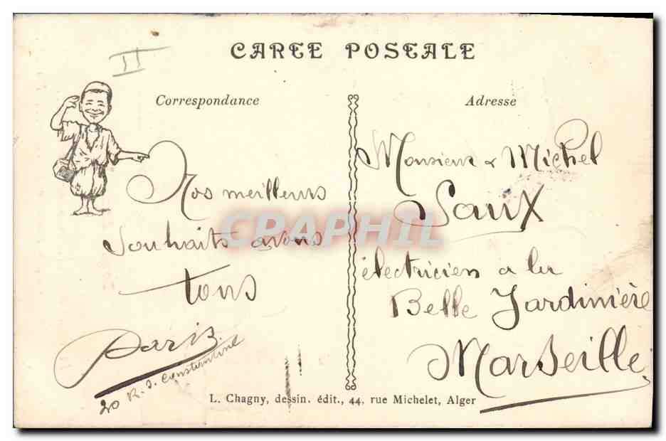 Lächelndes Berberkind — Weihnachtskarte — L. Chagny, Verlag, 44 rue Michelet, Alger — Rückseite