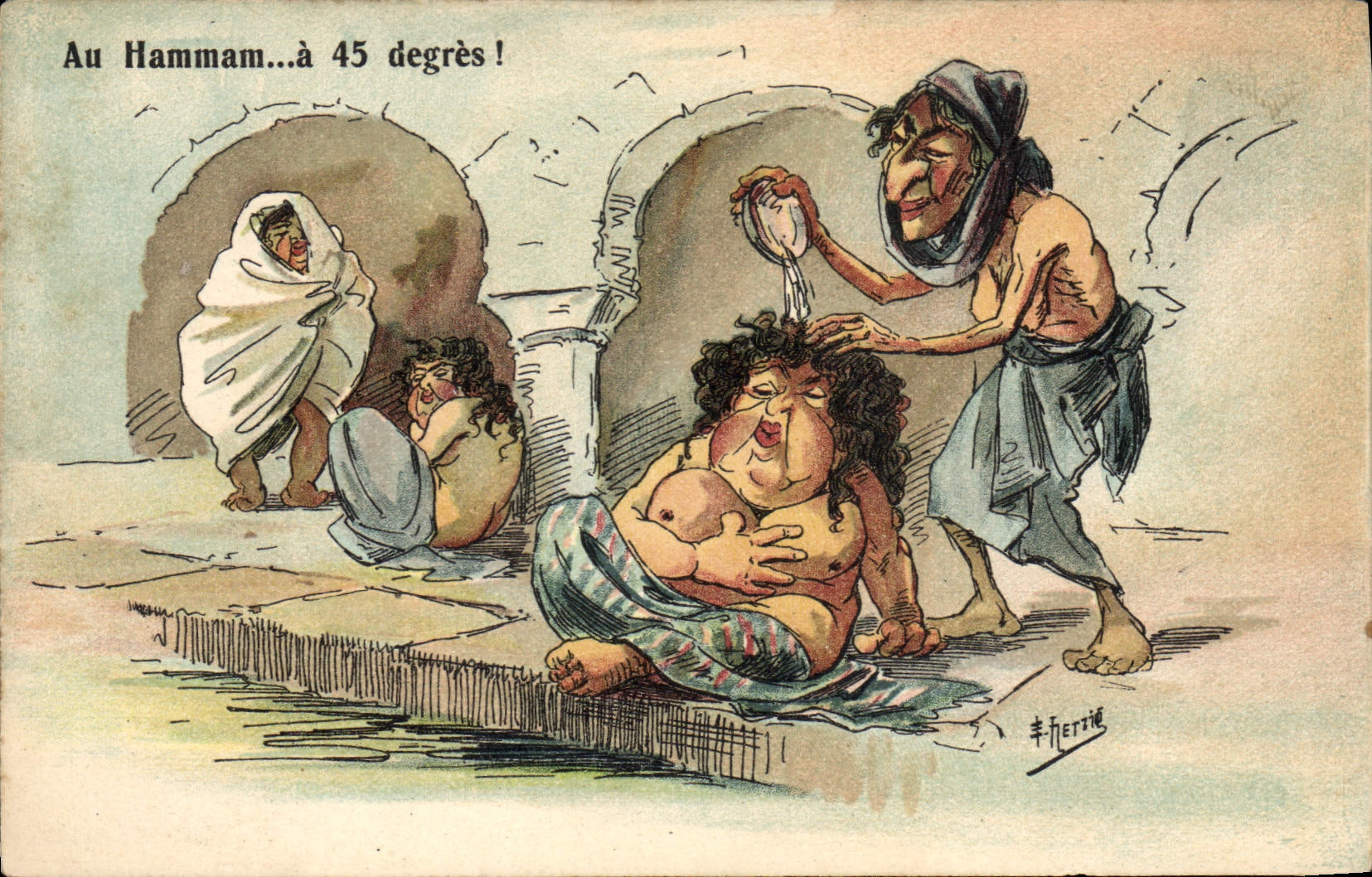 CPA Fantaisie Afrique du Nord Illustrateur Au hamman a 45 degres