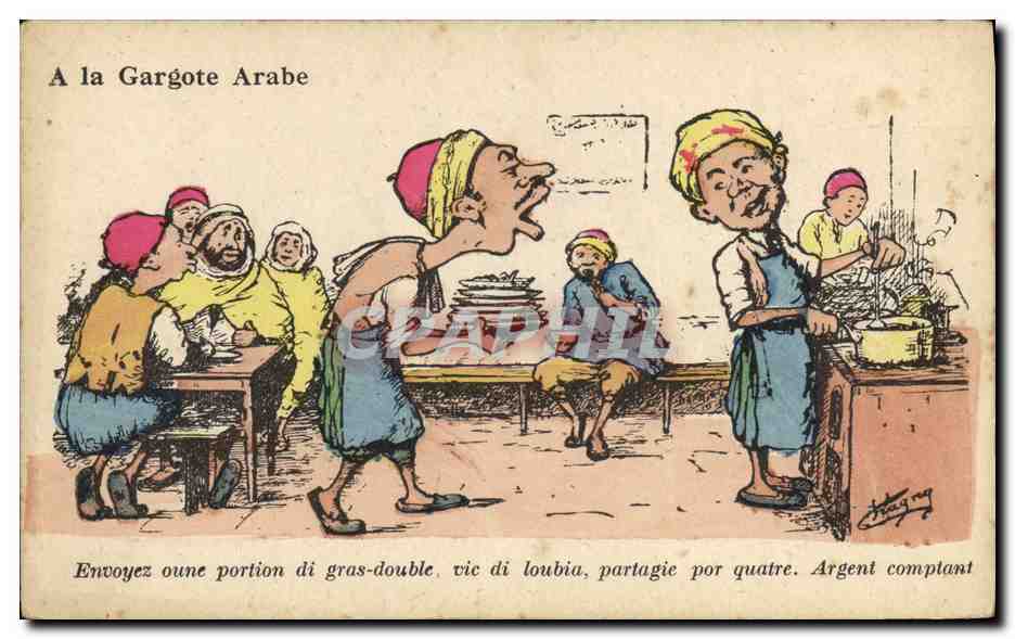A la Gargote Arabe — caricature d'un restaurant — L. Chaony, Dess.-Édit., 27 R. Michelet, Alger