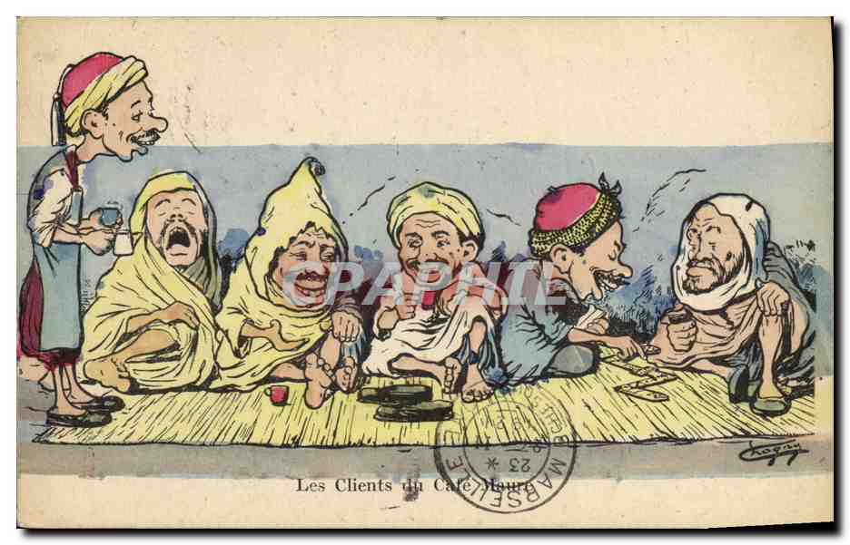 Die Kunden des Café Moura — Karikatur — L. Chagny, Künstler-Verlag, 37 R. Michelet, Alger