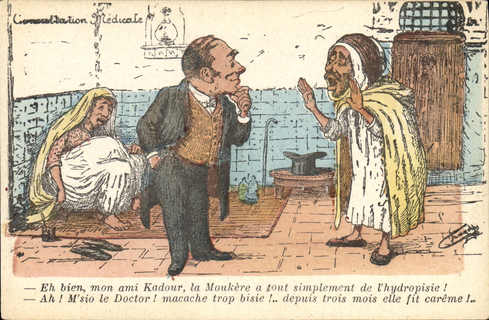 CPA Fantaisie Afrique du Nord Illustrateur Consultation medicale Docteur