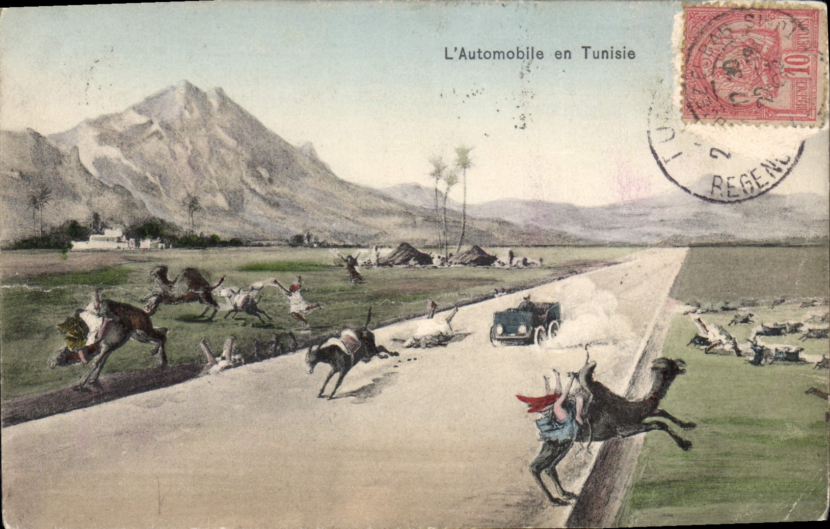 CPA Fantaisie Afrique du Nord Illustrateur L'automobile en Tunisie Chameau