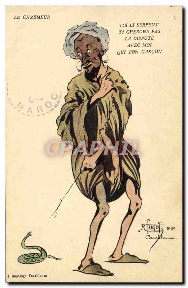 Le Charmeur — caricature d'un homme avec un serpent — J. Boussuge, Casablanca, 1909