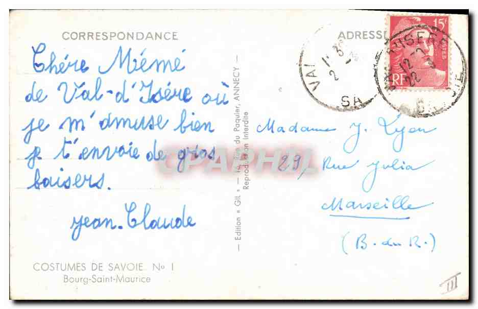 CPA Folklore Savoie Bourg St Maurice — Verso