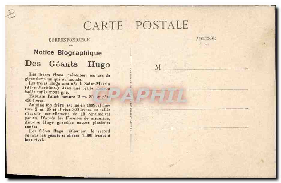 CPA Les freres Hugo Nain Geant — Rückseite