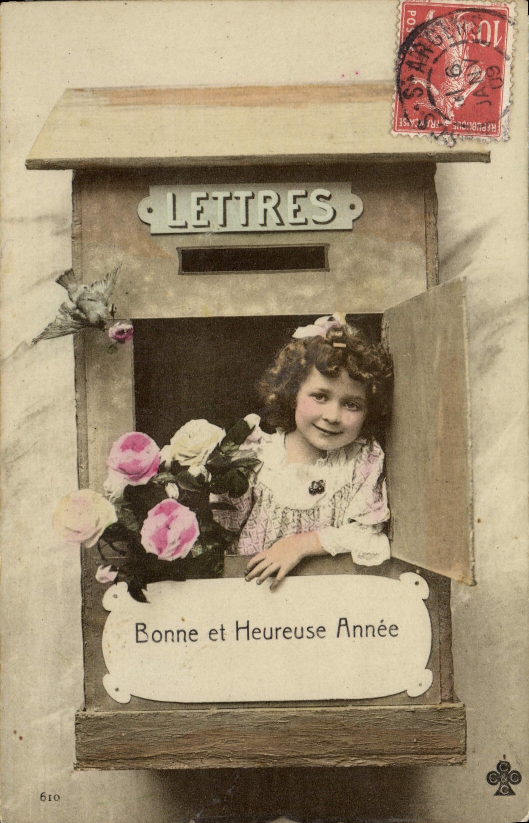 Petite fille dans une boîte aux lettres — 'Bonne et Heureuse Année' — éditeur inconnu, n° 610