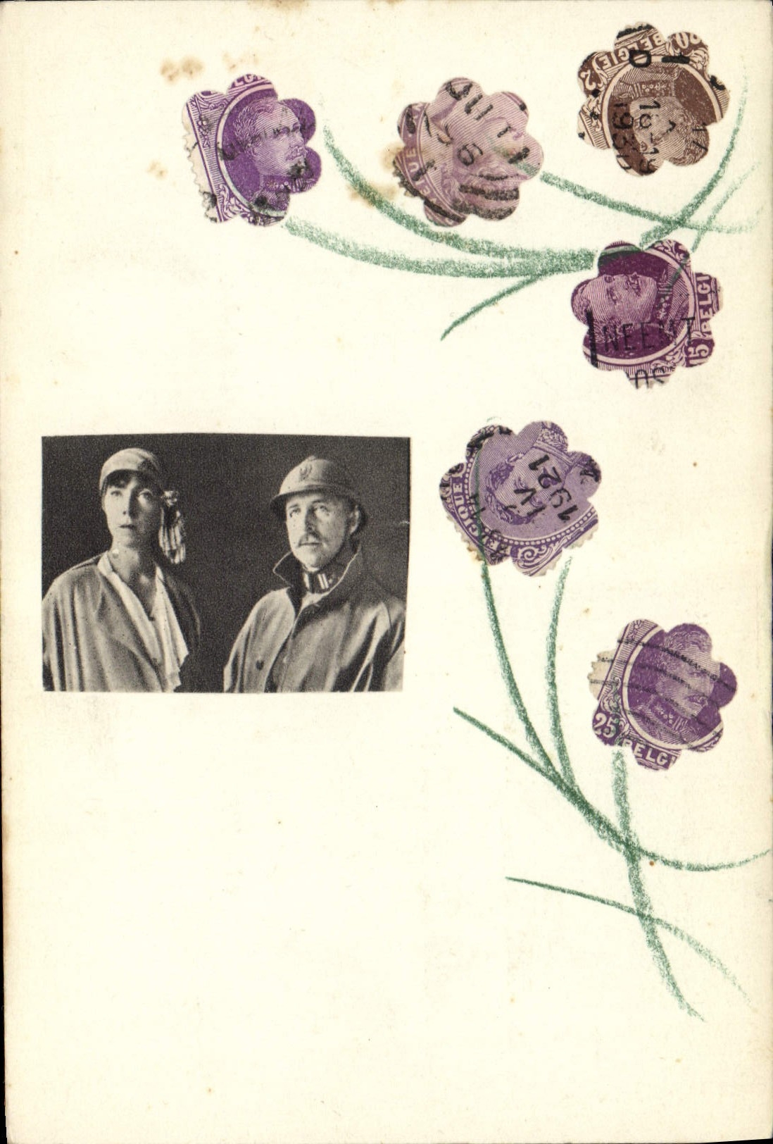 Deux soldats — composition artistique avec timbres belges en forme de fleurs — éditeur non identifié