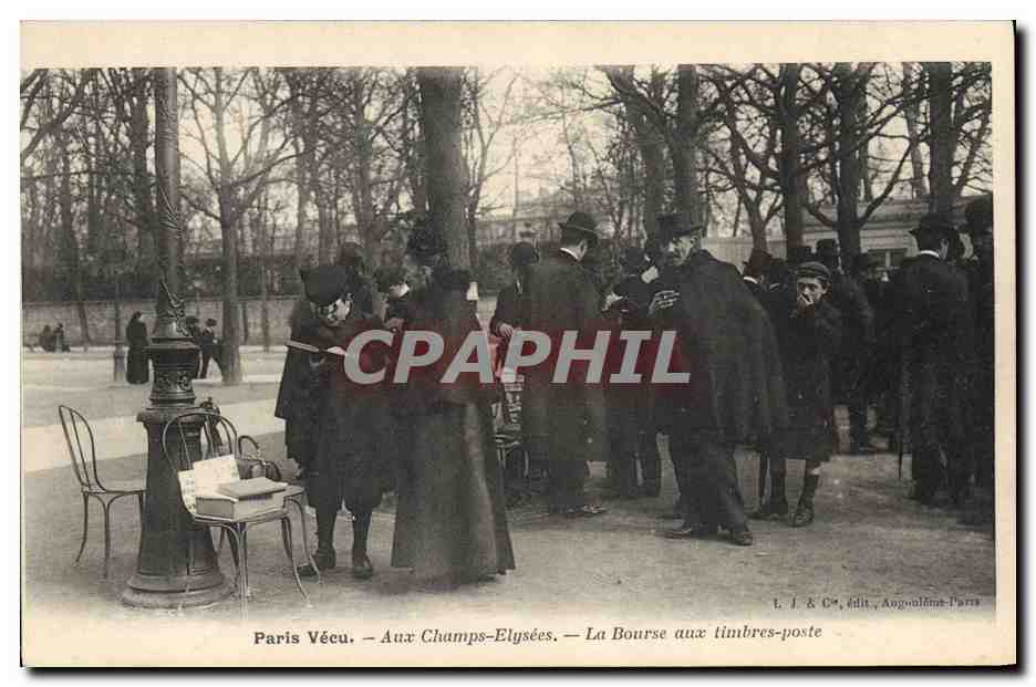 Paris Vécu — Aux Champs-Élysées — La Bourse aux timbres-poste — L. J. & Cie, édit., Angoulême-Paris