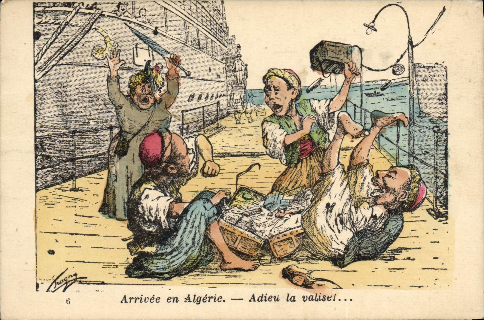 CPA Fantaisie Illustrateur Afrique du Nord Arrivee an Algerie 