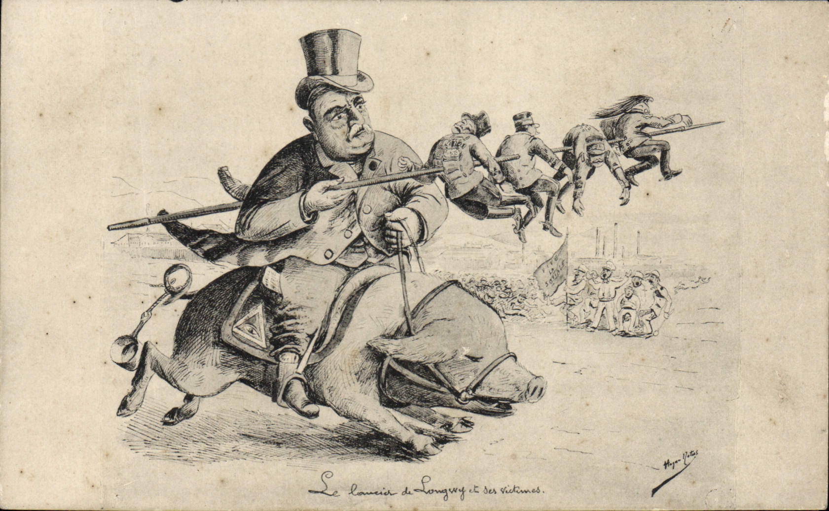 CPA Fantaisie Illustrateur Le lancier de Longwy et ses victimes Porc Cochon