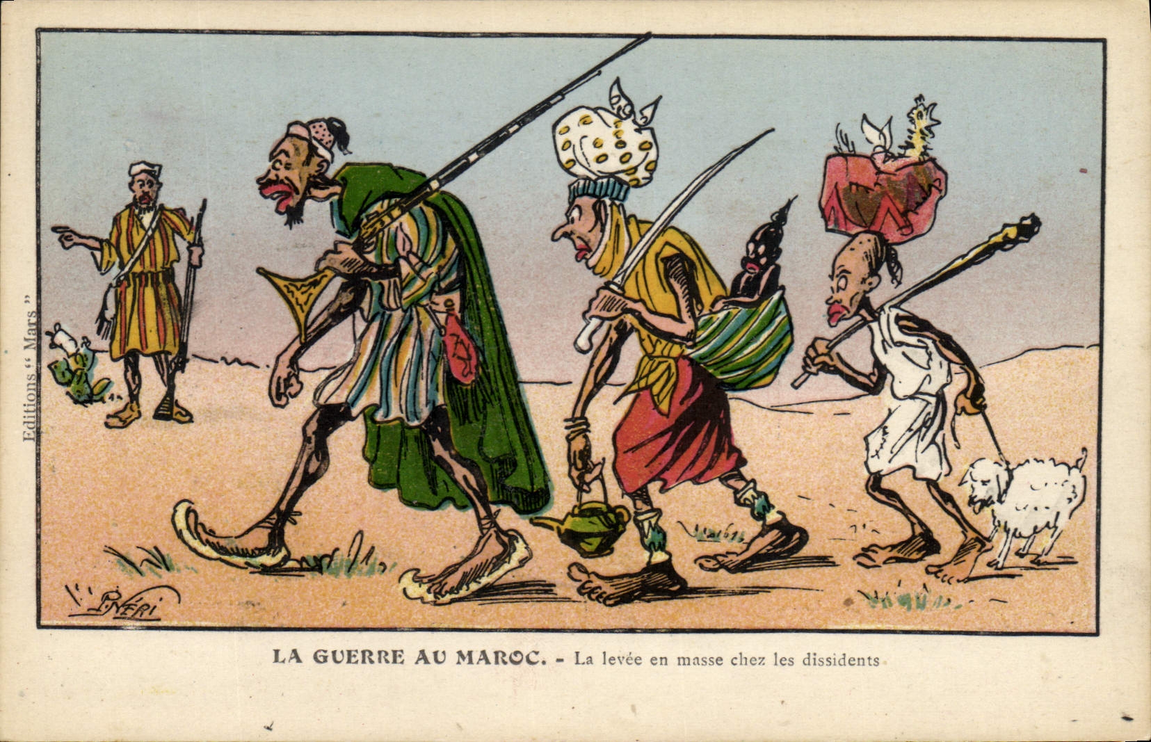 CPA Fantaisie Illustrateur Afrique du Nord la guerre au Maroc La levee en masse chez les dissidents