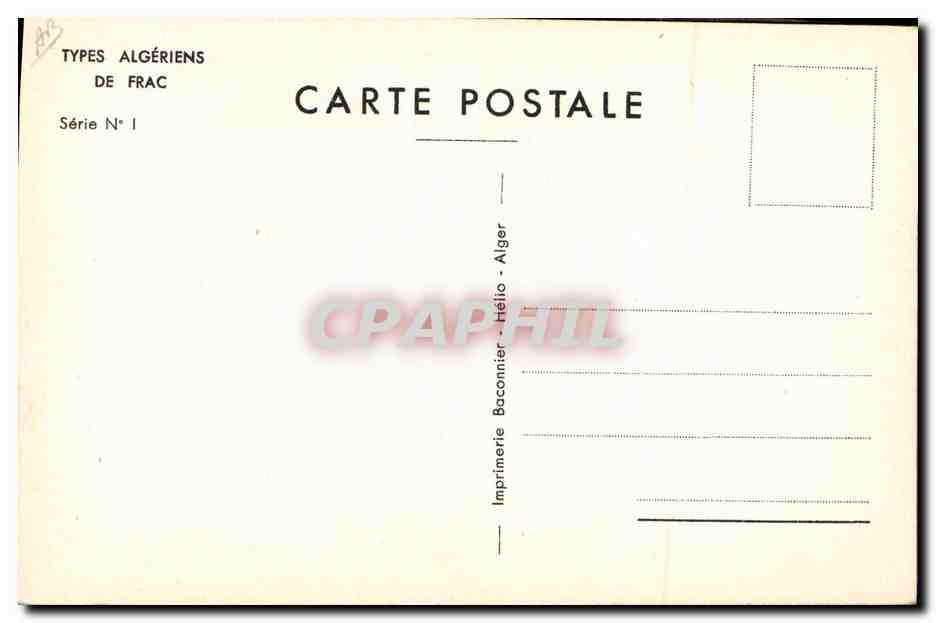 Karikaturer Porträt eines lächelnden Mannes — Algerische Typen von Frac, Serie Nr. 1 — Druckerei Hélio-Alger — Rückseite