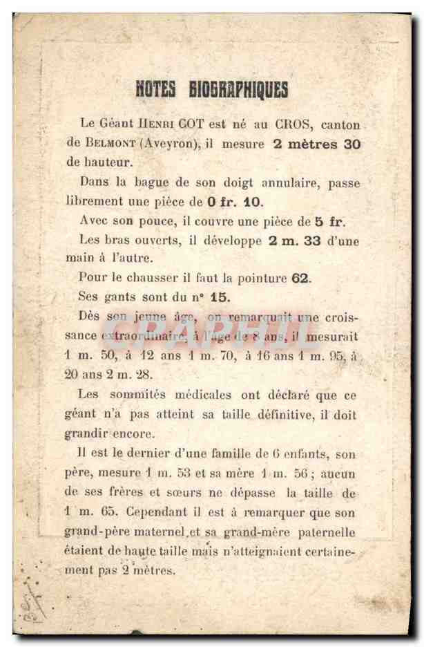 CPA Geant Francais Hugo Cot Le plus grand conscrit Militaria — Rückseite