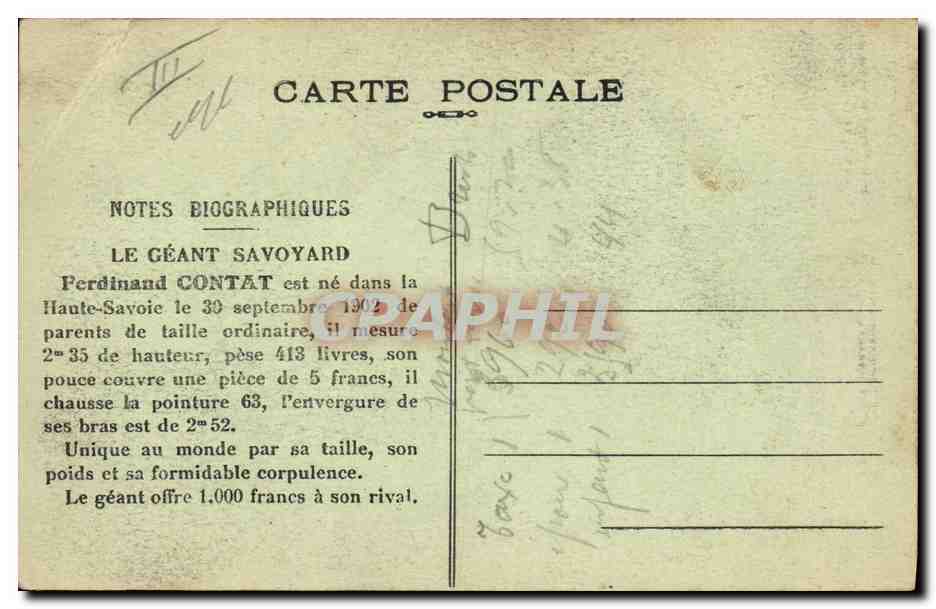 CPA Le geant Savoyard Ferdinand Contat — Rückseite