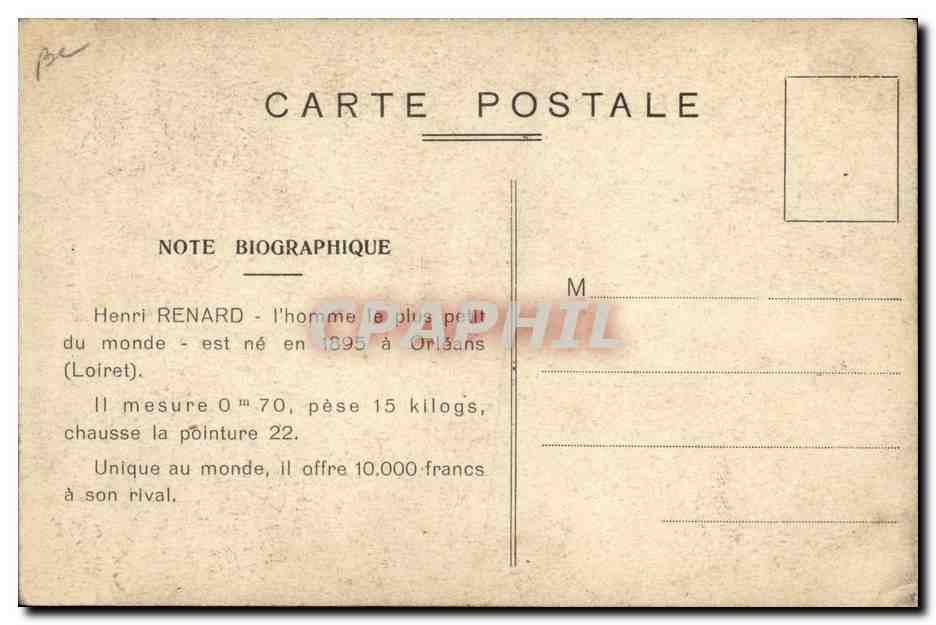 CPA Nain Nains Henri Renard L'homme le plus petit du monde — Rückseite