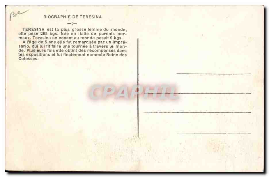 CPA Teresina la plus grosse femme du monde 265 kgs — Rückseite