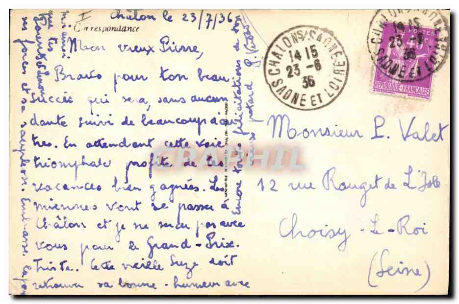 CPA Poste Chalon sur Saone Place de l'obelisque Hotel des Postes — Rückseite