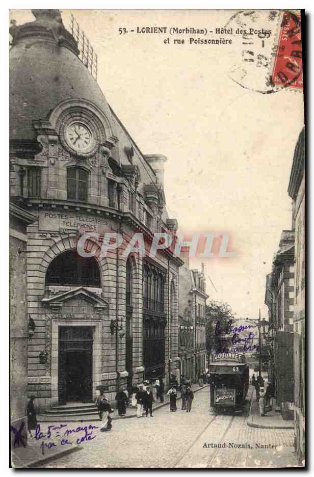 CPA Poste Lorient Hotel des Postes et rue Poissonniere Tramway