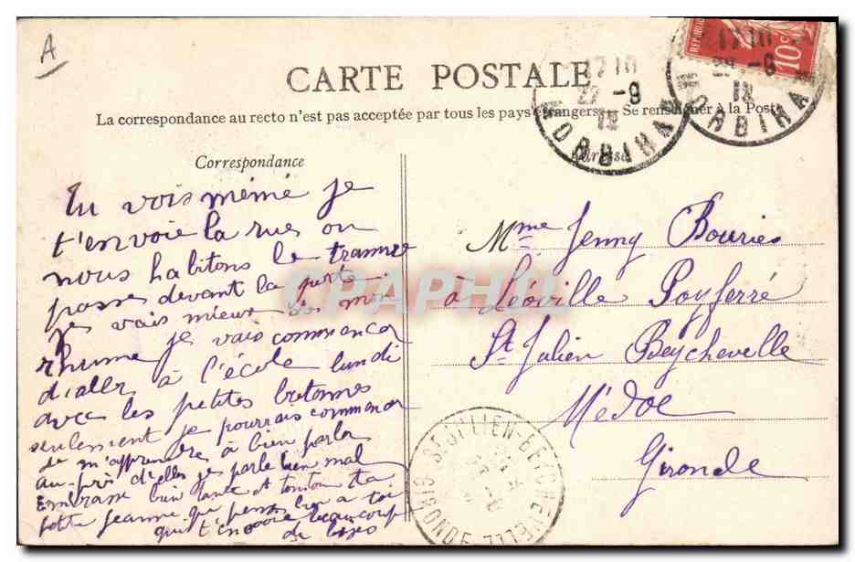 CPA Poste Lorient Hotel des Postes et rue Poissonniere Tramway — Rückseite