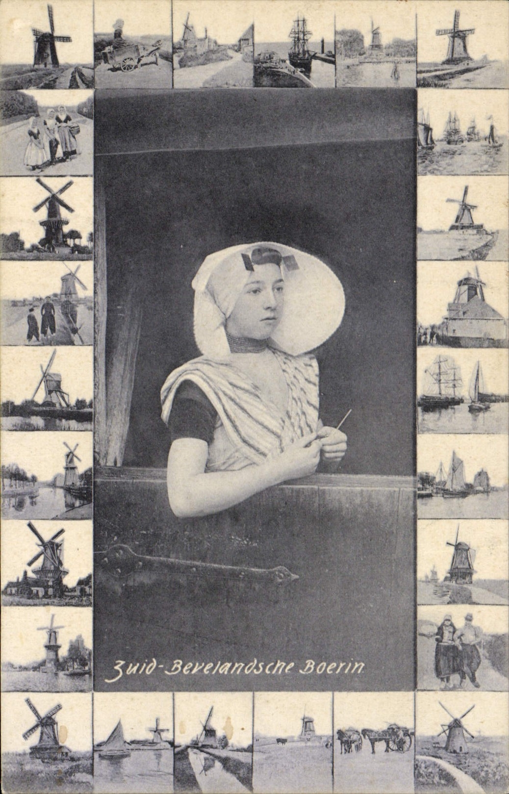 Zuid-Bevelandsche Boerin — carte postale illustrée avec collage de scènes néerlandaises — Dr. Trenkler Co., Leipzig