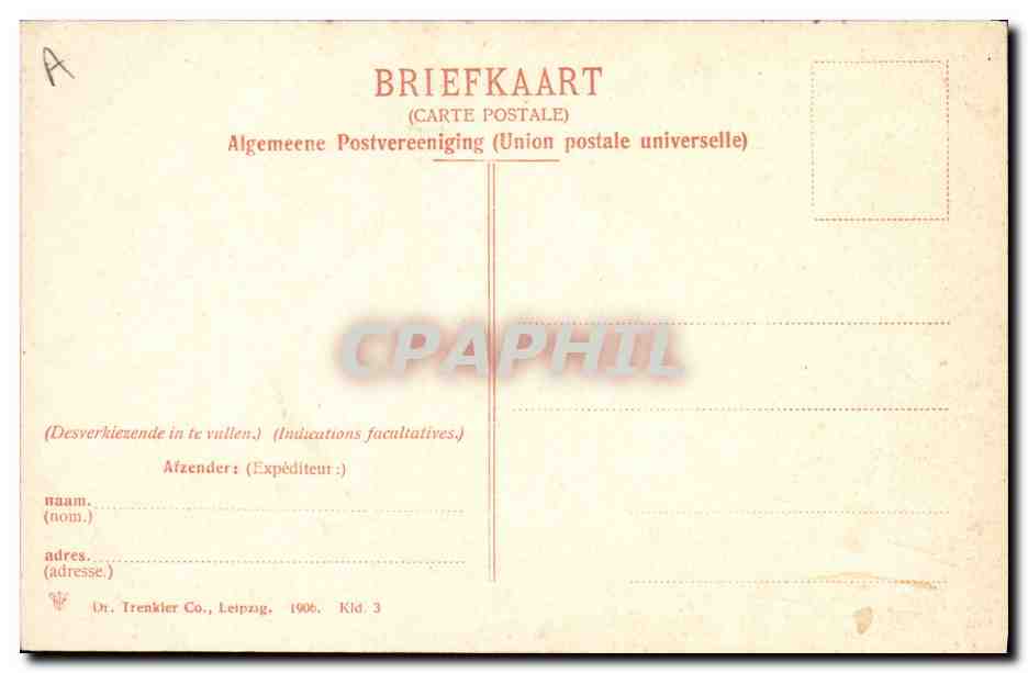 Zuid-Bevelandsche Boerin — carte postale illustrée avec collage de scènes néerlandaises — Dr. Trenkler Co., Leipzig — Verso