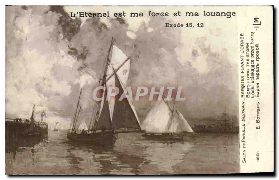 Barques fuyant la tempête — Exode 15,12 — E. Vauthrin, Salon de Paris, n°3291