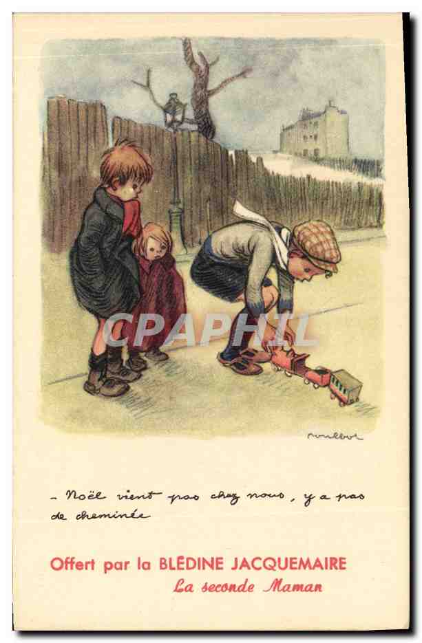 Enfants jouant avec un train — scène d'hiver — dessin de P. Nullevre, offerte par Blédine Jacquemaire