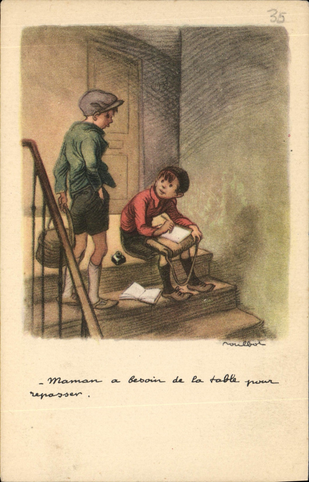 Deux garçons dans un couloir — scène de la vie quotidienne — dessin de Raubot, n°35